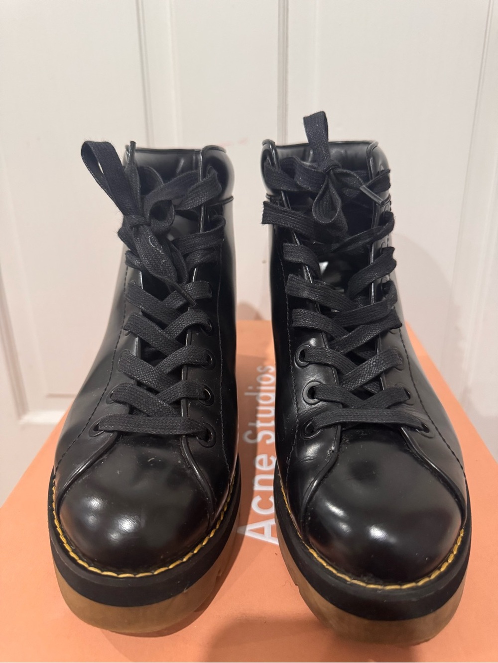 Alexander Wang Black Leather Lace-Up Platform Boots with Yellow Stitching